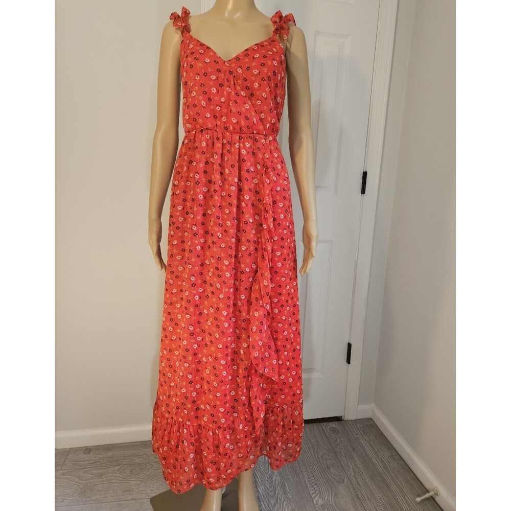Madewell Red Floral Ruffle Wrap Maxi Dress Metallic Stripe Tie Strap Size 8